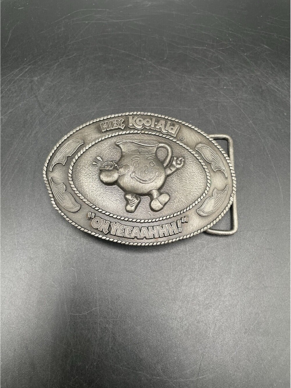 Rare HEY, Kool-Aid "OH YEEAAHHH!" Silver tone Indiana Metal Craft Belt buckle